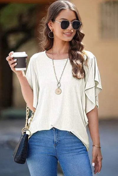 Round Neck Flutter Sleeve T-Shirt Women's T-Shirts - Tophatter Daily Deals